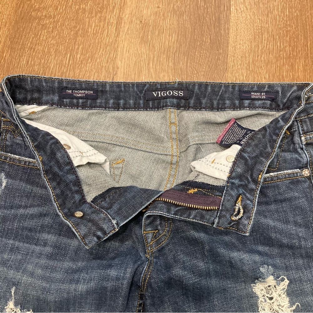 Vigoss Women's Dark Blue Distressed Cropped Jeans The Thompson Tomboy Boyfriend - Picture 4 of 16